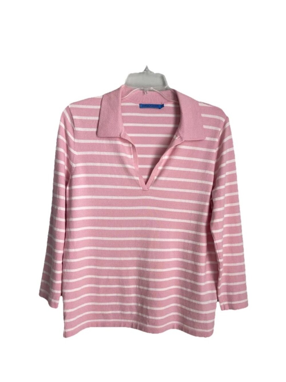 J McLaughlin Pink White Striped Split Neck Long Sleeve Sweater